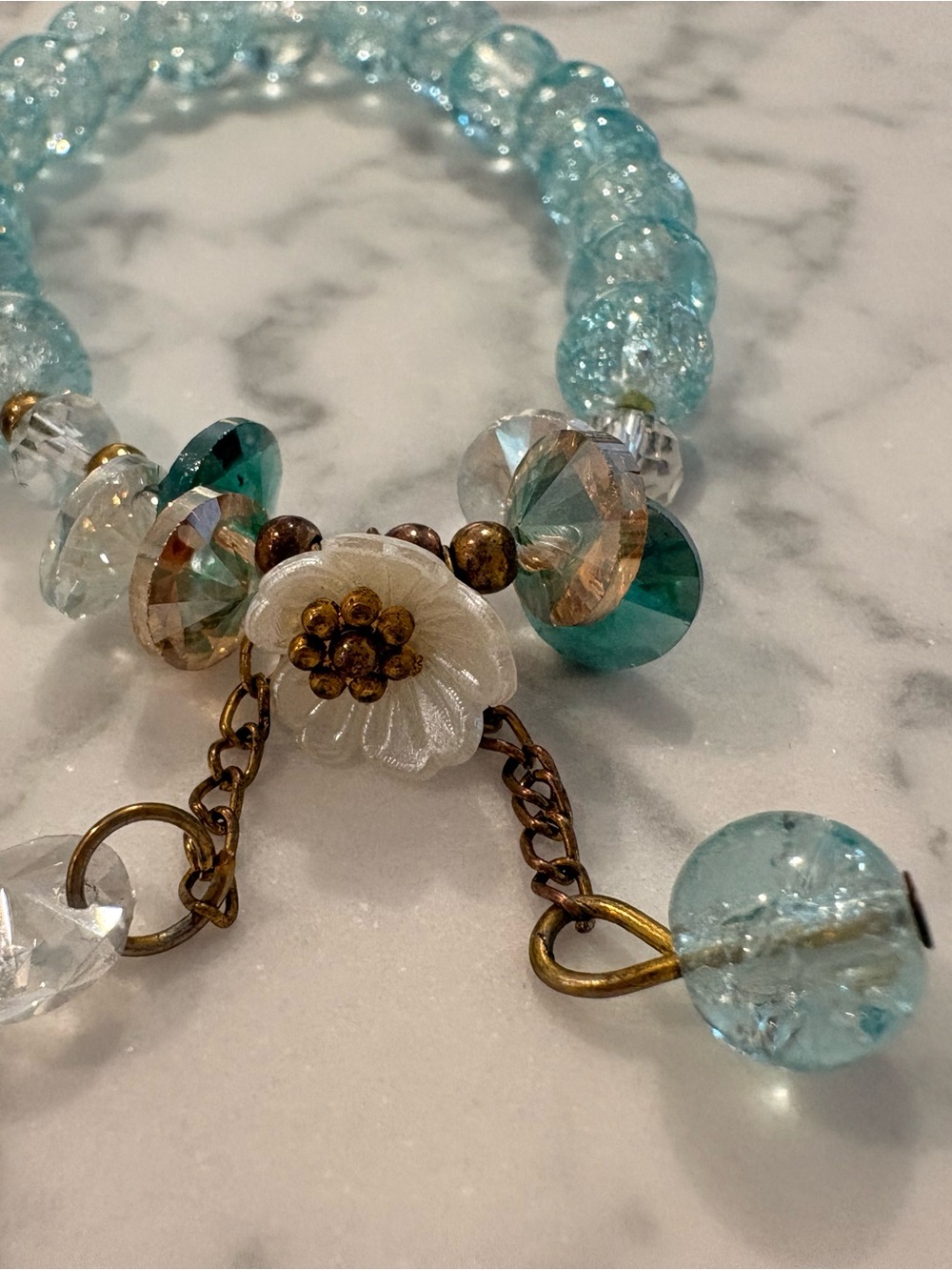 Aqua Glass Bead Bracelet with Floral Accent